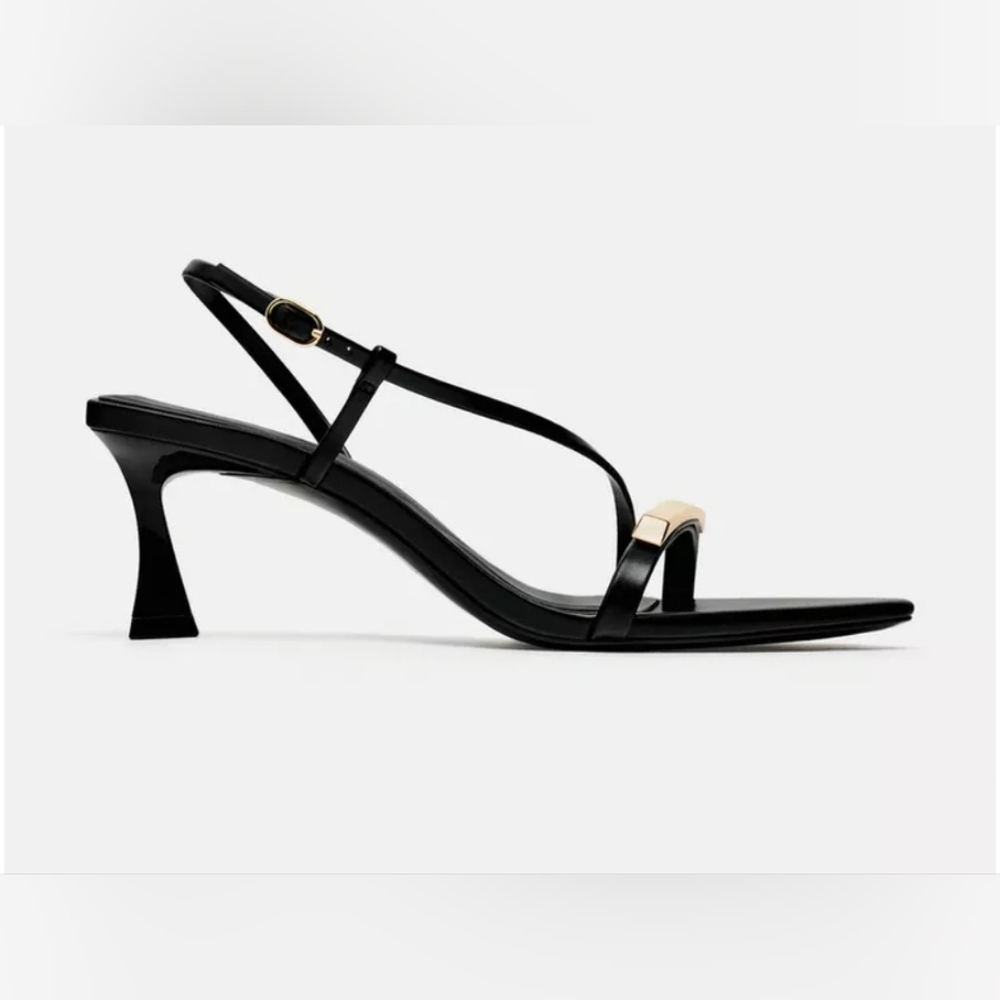 Black Strappy Heels With Gold Hardware